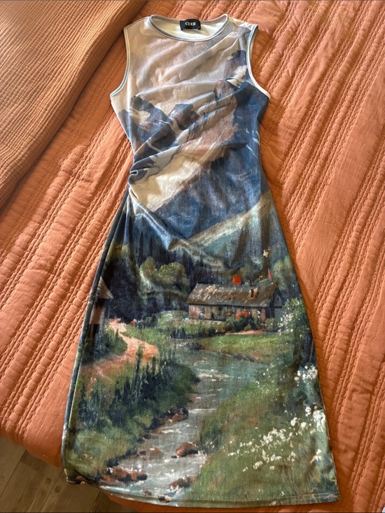 Cider Dresses & Skirts - Landscape scenic pastoral print graphic body con velvet velour midi dress size M